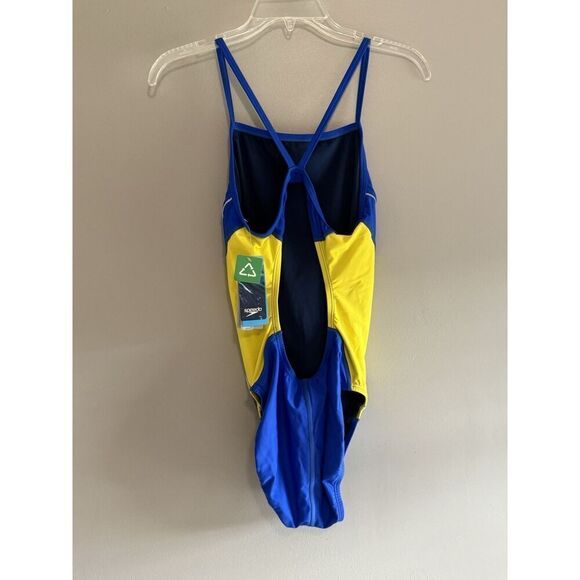 Speedo One Piece Swimsuit 12 Blue Yellow Gold Sporty PowerFlex Eco Splice Back - Picture 4 of 16